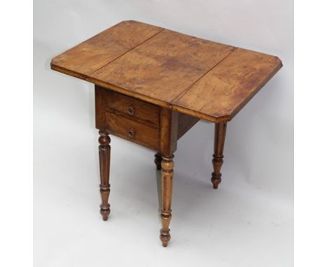 A VICTORIAN WALNUT VENEERED SMALL PEMBROKE TABLE, fitted drawers and slide at one end and cupboard at the other, drop flaps, 