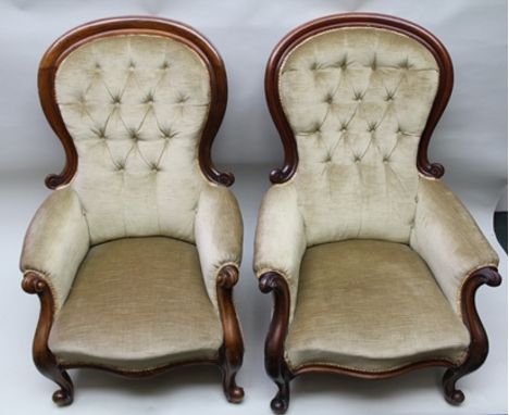 A MATCHED PAIR OF 19TH CENTURY MAHOGANY SHOW WOOD FRAMED ARMCHAIRS, with scrolling arms and knuckle forefeet, having old gold