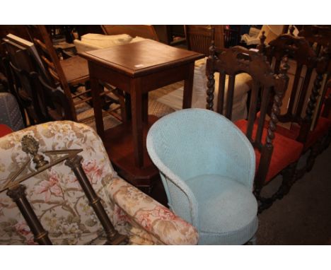 A ladder back bedroom chair; two wooden coffee tables; and a loom style chair 