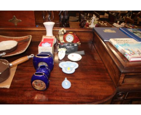 A Wedgwood jasperware pin dish, a small scent bottle, a camera, mantel clock, various decorative vases etc. 