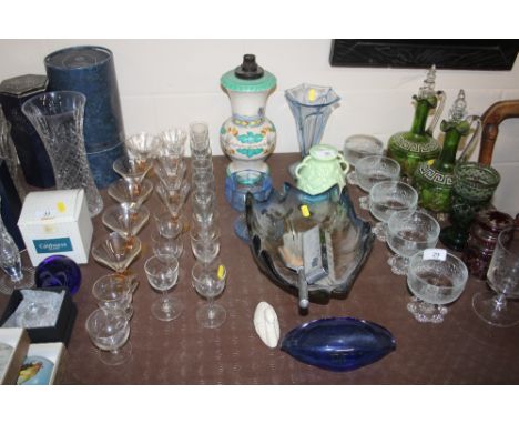 A Charlotte Rheade Art Deco table lamp base; various coloured glassware; two brushes etc.