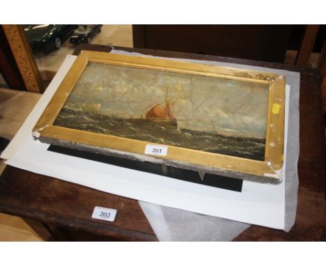 A 19th Century English school oil on canvas seascape of a sailing ship by the shoreline; together with a pencil signed print 