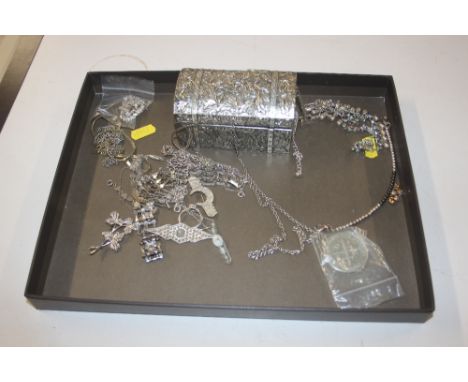 A tray of silver and white metal jewellery, and a trinket box 