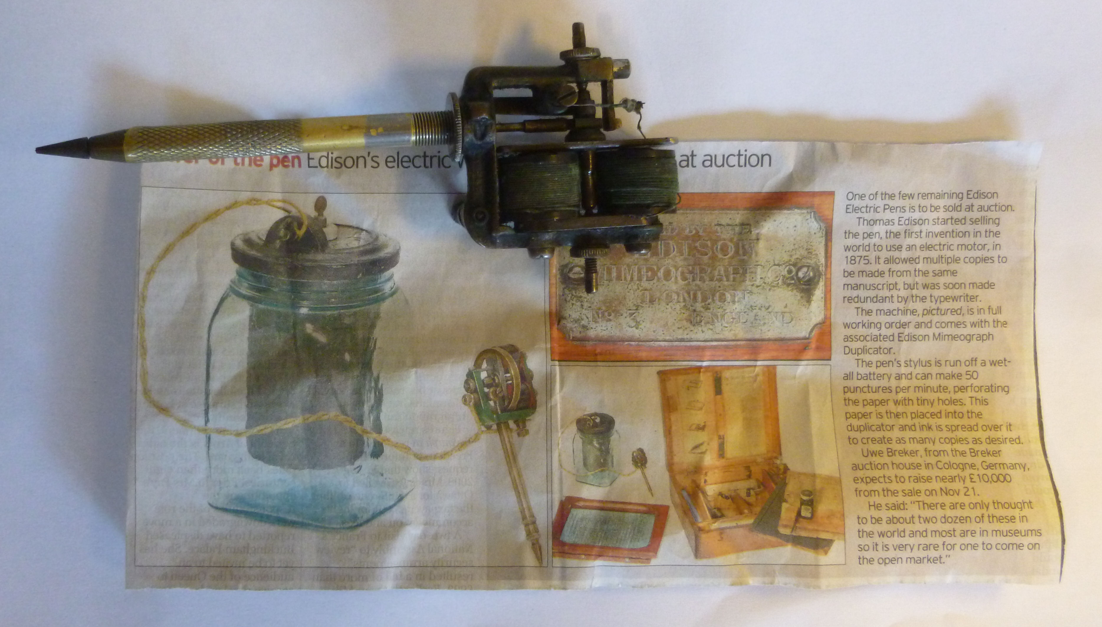 An early 20thC electric pen stylus (based on the invention by Thomas