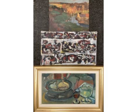 Lars Herder (1923-1976) Still Life with Wine Glass and Onions signed, acrylic on board, 23cm x 40.5cm; Jules van de Leene (18