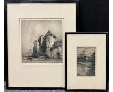 Hedley Fitton (British, 1859-1929) St. Andrew’s Castle, Fife, signed in pencil lower right, etching, 32cm x 29.5cm;  another,
