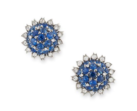 A PAIR OF VINTAGE SAPPHIRE AND DIAMOND EARRINGS, CARTIER CIRCA 1960 in 18ct white gold, each set with a cluster of round cut 