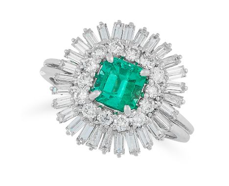 AN EMERALD AND DIAMOND CLUSTER RING comprising of an emerald cut emerald of 0.95 carats in a border of round and baguette cut