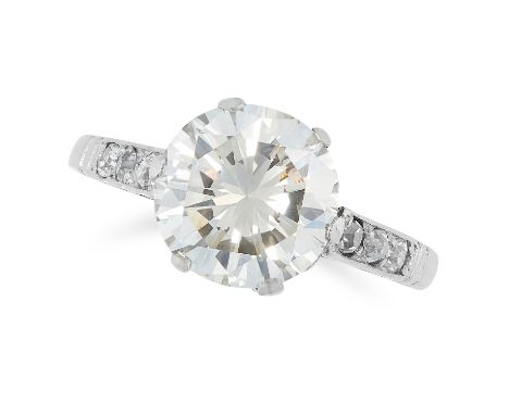 A 2.48 CARAT DIAMOND SOLITAIRE RING set with a round brilliant cut diamond of 2.48 carats, with further old cut diamonds to t