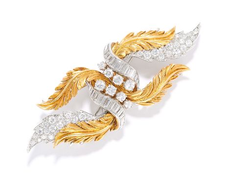 A VINTAGE DIAMOND DOUBLE CLIP BROOCH, VAN CLEEF &amp; ARPELS CIRCA 1960 in 18ct yellow and white gold, designed with textured