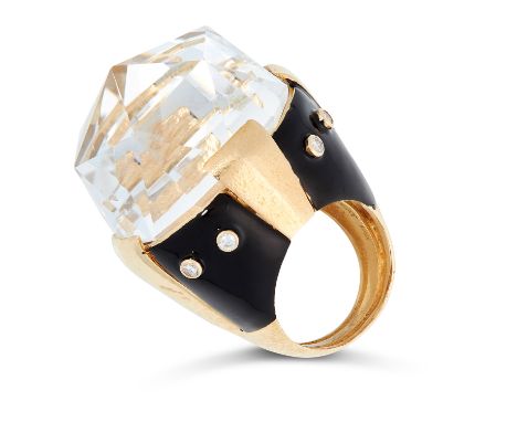 A ROCK CRYSTAL, ENAMEL AND DIAMOND RING, DAVID WEBB in 18ct yellow gold, set with a large rose cut rock crystal on a shank se