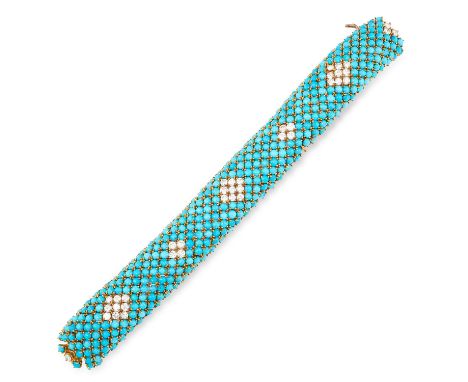 A VINTAGE TURQUOISE AND DIAMOND BRACELET, BEN ROSENFELD 1962 in 18ct yellow gold, jewelled all over with turquoise cabochons 