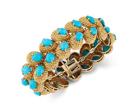 A VINTAGE TURQUOISE FANCY LINK BRACELET, CIRCA 1960 in high carat yellow gold, comprising of two rows of textured links set w