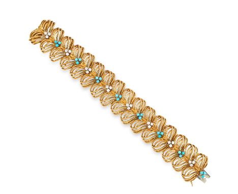 A VINTAGE TURQUOISE AND DIAMOND BRACELET, CARLO WEINGRILL CIRCA 1970 in 18ct yellow gold, the plain and twisted wire openwork