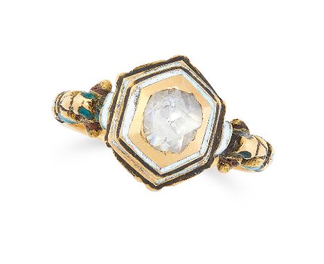AN ANTIQUE DIAMOND AND ENAMEL RING, 17TH OR 18TH CENTURY in high carat yellow gold, set with a central rose cut diamond in a 