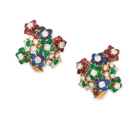 A PAIR OF VINTAGE RUBY, SAPPHIRE, EMERALD AND DIAMOND CLIP EARRINGS, 1960s in high carat yellow gold, each designed as a bunc