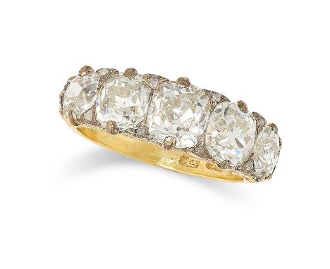 AN ANTIQUE  FIVE STONE DIAMOND RING, LATE 19TH CENTURY in 18ct yellow gold, set with five old cut diamonds totalling 5.61 car