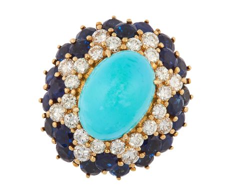 A VINTAGE TURQUOISE, SAPPHIRE AND DIAMOND RING, BEN ROSENFELD 1972 in 18ct yellow gold, set with an oval turquoise cabochon o