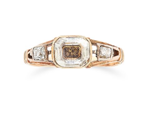 AN ANTIQUE STUART CRYSTAL AND DIAMOND MOURNING RING, 18TH CENTURY in high carat yellow gold, set with a central octagonal ste