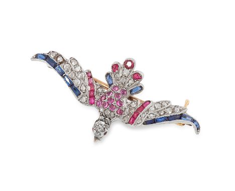 AN ANTIQUE AMERICAN RUBY, SAPPHIRE AND DIAMOND BIRD BROOCH / PENDANT, TIFFANY &amp; CO EARLY 20TH CENTURY designed as a flyin