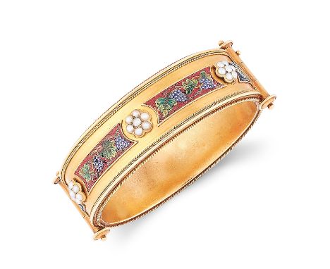 AN ANTIQUE MOSAIC AND PEARL BANGLE, 19TH CENTURY in high carat gold, in Etruscan revival design, set with clusters of seed pe