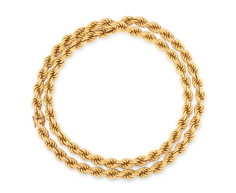 A VINTAGE ROPE TWIST CHAIN NECKLACE designed as interlocking links designed as a twisted rope, tests as 18ct yellow gold, sta
