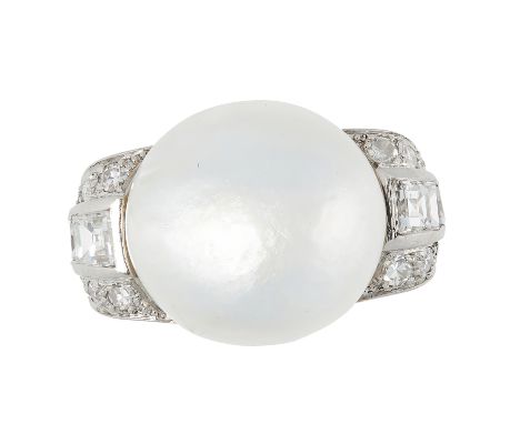 AN NATURAL PEARL AND DIAMOND RING set with a pearl of 15.1mm x 14.3mm between shoulders set with step and round cut diamonds,