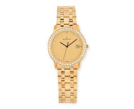 A DIAMOND LADIES WRIST WATCH, ETERNA, CIRCA 1990 in 18ct yellow gold, with round cut diamond set bezel and on a gold strap, s