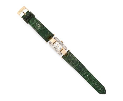 A LADIES DIAMOND LA STRADA WATCH, CHOPARD in 18ct yellow gold, with round cut diamond set case and green leather strap, stamp