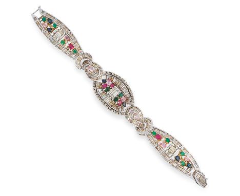 A VINTAGE DIAMOND, RUBY, SAPPHIRE AND EMERALD BRACELET, CIRCA 1960 in retro design set with baguette cut diamonds, round cut 