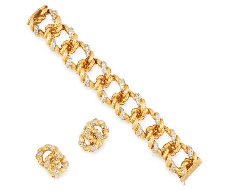 A VINTAGE DIAMOND BRACELET AND CLIP EARRINGS SUITE, 1960s in high carat yellow gold, comprising a bracelet and pair of earrin