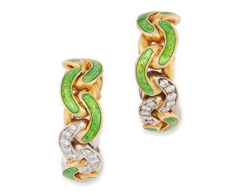 A PAIR OF VINTAGE ENAMEL AND DIAMOND HOOP EARRINGS, BULGARI in 18ct yellow and white gold, comprising of alternating links se