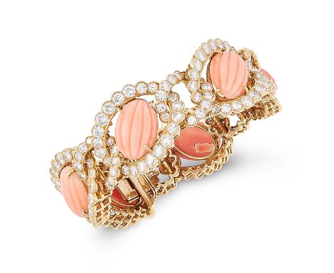 A VINTAGE CORAL AND DIAMOND BRACELET, VAN CLEEF &amp; ARPELS CIRCA 1955 in 18ct yellow gold, formed of six principal links, e