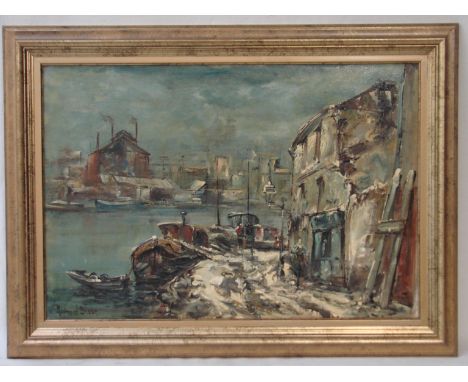 Raymond Besse (French 1871 - 1969) Le Port sur La Seine en Hiver et Pile St Denis, signed oil on canvas, 49cm x 72cm