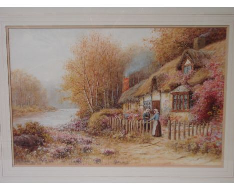 R Thornton (British early 20th century) Two women talking in front of a thatched country cottage, signed watercolour, 36cm x 