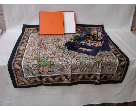 Hermes silk carre scarf 'pavement' by Maurice Tranchant boxed and never worn, with silk scarf decorated with belts by Celine,