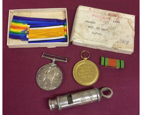 Names to Pte J. Keir A.O.C (Army Ordnance Corps) 044603. With medal box, and vintage 'The Metropolitan' whistle by J. Hudson.