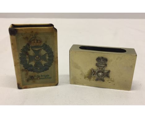 1) EPNS The King's Royal Rifle Corps (badge on front with crown). 2) Print overlay on metal - The Rifle Brigade. 