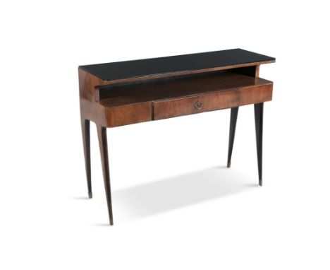 CONSOLE A rosewood console with a black glass top and single drawer, on brass feet, Italy c.1960. 81 x 109 x 38cm