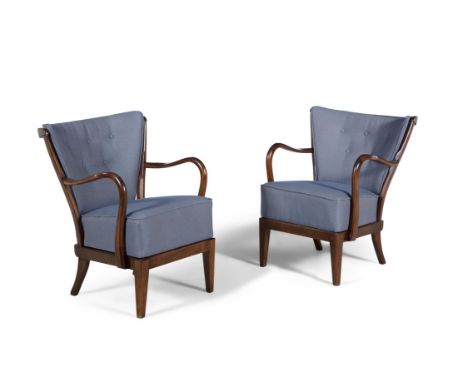 ALFRED CHRISTIANSEN A pair of button back armchairs by Alfred Christiansen, for Slagelse Mobelvaerk. Denmark c. 1940. 74 x 62