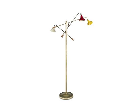 FLOOR LAMPA brass triennale floor lamp, with enamelled shades and timber detailing, Italy c.1950. 186cm (h)