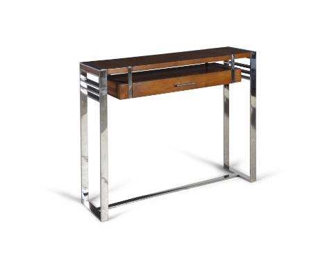 CONSOLE TABLE A teak and chrome console table, with a single drawer, French, contemporary. 180 x 100 x 29cm