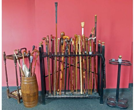 A hardwood walking cane stand containing 23 walking canes of various types, amongst them two hazel walking canes and a corn d