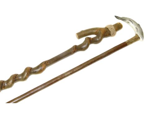 Twisted hazel walking cane, signed GTM, 2011, decorated with metal acorn and leaves with rope Turks head, also one other stic