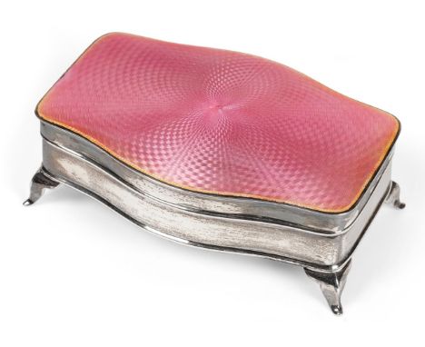 A Silver and Pink Guilloche Enamel Jewellery or Trinket Box, William Greenwood & Sons, Birmingham 1927, serpentine shaped wit