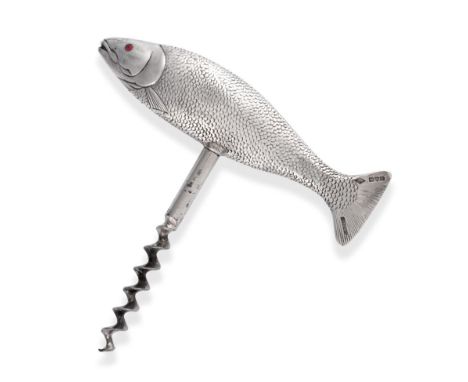 A Novelty Silver Salmon Corkscrew, Henry Wells, Chester 1921, naturalistically modelled, with ruby glass eyes, the tail stamp