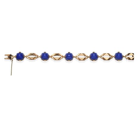 A Blue Chalcedony Bracelet, sugarloaf cabochon blue chalcedony in double claw settings as individual links, spaced by fancy p