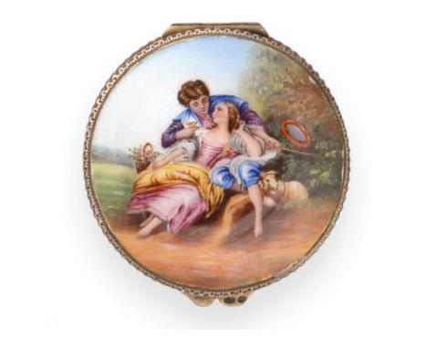 A Continental Silver and Enamel Compact, English import marks for George Stockwell, London 1929, the hinged cover painted wit