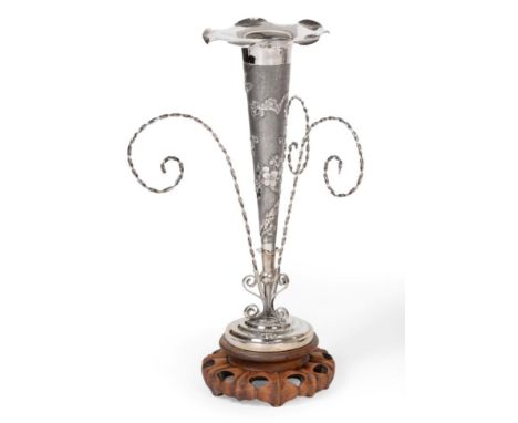 A Chinese Export Silver Epergne, character marks to base, circa 1900, the central trumpet shaped vase decorated with blossomi