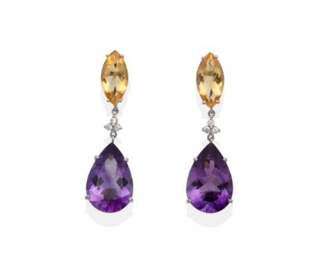 A Pair of Amethyst, Citrine and Diamond Earrings, a marquise cut citrine suspends a cluster of three round brilliant cut diam